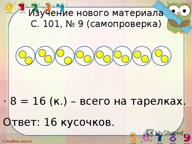 Изучение нового материала  С. 101, № 9 (самопроверка) 2 · 8 = 16 (к.) – всего на тарелках. Ответ: 16 кусочков. 