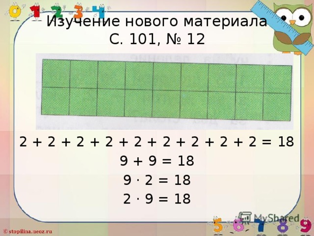 Изучение нового материала  С. 101, № 12 2 + 2 + 2 + 2 + 2 + 2 + 2 + 2 + 2 = 18 9 + 9 = 18 9 · 2 = 18 2 · 9 = 18 