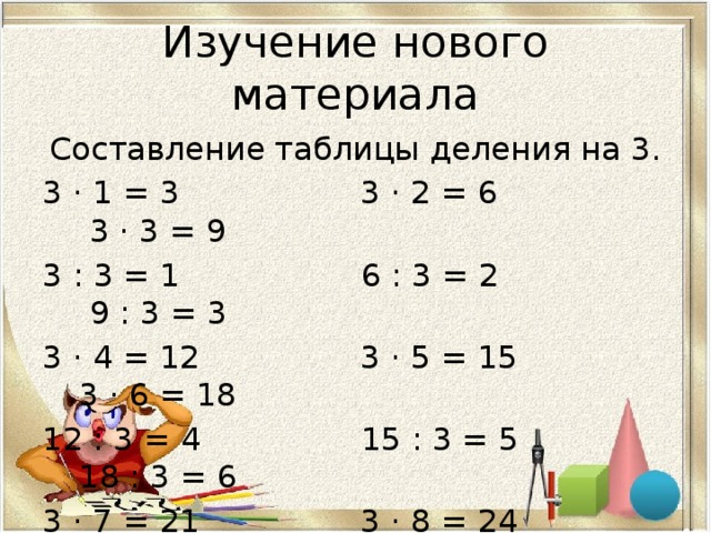 Изучение нового материала Составление таблицы деления на 3. 3 · 1 = 3 3 · 2 = 6 3 · 3 = 9 3 : 3 = 1 6 : 3 = 2 9 : 3 = 3 3 · 4 = 12 3 · 5 = 15 3 · 6 = 18 12 : 3 = 4 15 : 3 = 5 18 : 3 = 6 3 · 7 = 21 3 · 8 = 24 3 · 9 = 27  21 : 3 = 7 24 : 3 = 8 27 : 3 = 9 