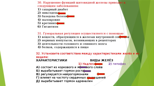 30. Нарушение функций щитовидной железы приводит к следующим заболеваниям: 1) сахарный диабет 2) микседема 3) базедова болезнь 4) малокровие 5) кретинизм 6) Гигантизм 31. Гуморальная регуляция осуществляется с помощью 1) веществ, образующихся в железах внутренней секреции 2) нервных импульсов, возникающих в рецепторах 3) деятельности головного и спинного мозга 4) белков, содержащихся в пище 32. Установите соответствие между характеристиками желёз и их видами: ХАРАКТЕРИСТИКИ ВИДЫ ЖЕЛЁЗ  1) Надпочечник 2) гипофиз А) состоит из коркового и мозгового слоёв Б) вырабатывает гормон роста В) регулируется нейрогормонами Г) влияет на частоту сердечных сокращений Д) вырабатывает гормон адреналин 