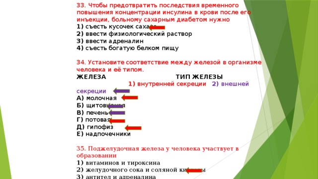 33. Чтобы предотвратить последствия временного повышения концентрации инсулина в крови после его инъекции, больному сахарным диабетом нужно 1) съесть кусочек сахара 2) ввести физиологический раствор 3) ввести адреналин 4) съесть богатую белком пищу 34. Установите соответствие между железой в организме человека и её типом. ЖЕЛЕЗА ТИП ЖЕЛЕЗЫ   1) внутренней секреции 2) внешней секреции А) молочная Б) щитовидная В) печень Г) потовая Д) гипофиз Е) надпочечники 35. Поджелудочная железа у человека участвует в образовании 1) витаминов и тироксина 2) желудочного сока и соляной кислоты 3) антител и адреналина 4) пищеварительного сока и гормонов 