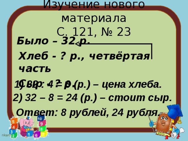 Изучение нового материала  С. 121, № 23  Было – 32 р.  Хлеб - ? р., четвёртая часть  Сыр - ? р. 1) 32 : 4 = 8 (р.) – цена хлеба. 2) 32 – 8 = 24 (р.) – стоит сыр. Ответ: 8 рублей, 24 рубля. 
