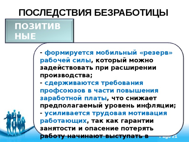  ПОСЛЕДСТВИЯ БЕЗРАБОТИЦЫ ПОЗИТИВ НЫЕ - формируется мобильный «резерв» рабочей силы , который можно задействовать при расширении производства; - сдерживаются требования профсоюзов в части повышения заработной платы , что снижает предполагаемый уровень инфляции; - усиливается трудовая мотивация работающих , так как гарантии занятости и опасение потерять работу начинают выступать в качестве самостоятельного стимула к труду 