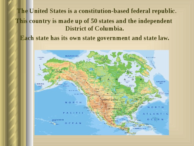 The United States is a constitution-based federal republic . This country is made up of 50 states and the independent District of Columbia. Each state has its own state government and state law.  