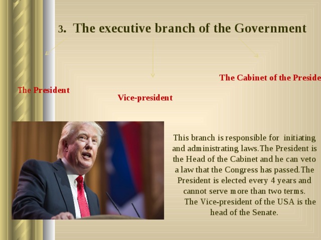 3 . The executive branch of the Government The Cabinet of the President The President Vice-president This branch is responsible for initiating and administrating laws.The President is the Head of the Cabinet and he can veto a law that the Congress has passed.The President is elected every 4 years and cannot serve more than two terms.  The Vice-president of the USA is the head of the Senate. 