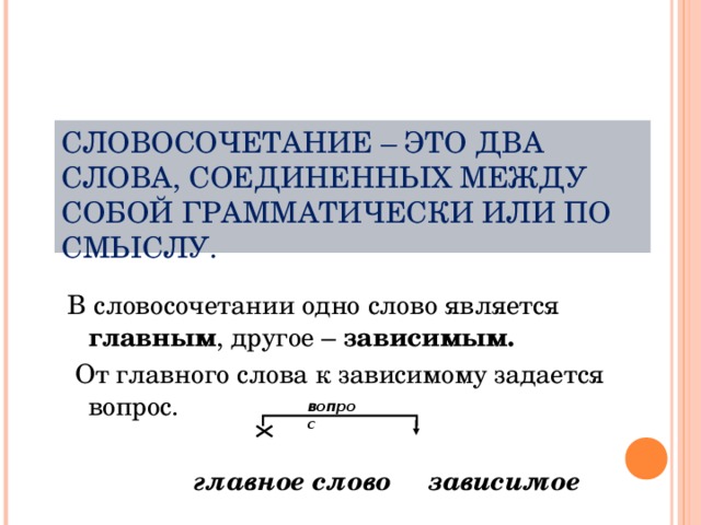 Словосочетание где главное слово. Словосочетание это. Словосочетание это соединение. Главное слово в словосочетании. Вопрос от главного слова к зависимому.