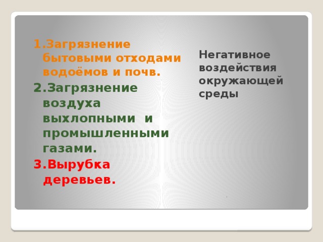 Негативное воздействия окружающей среды 1.Загрязнение бытовыми отходами водоёмов и почв. 2.Загрязнение воздуха выхлопными и промышленными газами. 3.Вырубка деревьев. . 