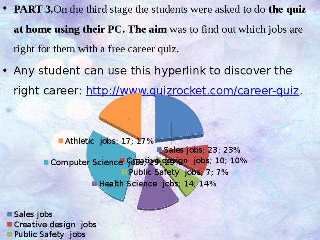 PART 3. On the third stage the students were asked to do the quiz at home using their PC. The aim was to find out which jobs are right for them with a free career quiz. Any student can use this hyperlink to discover the right career: http://www.quizrocket.com/career-quiz . 