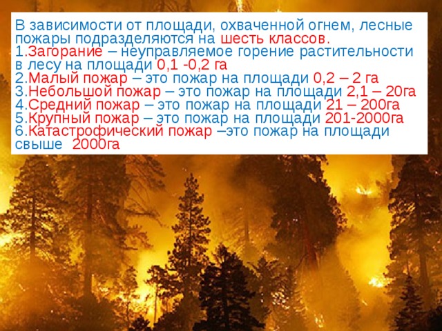 В зависимости от площади, охваченной огнем, лесные пожары подразделяются на шесть классов. 1 .Загорание – неуправляемое горение растительности в лесу на площади 0,1 -0,2 га 2. Малый пожар – это пожар на площади 0,2 – 2 га 3. Небольшой пожар – это пожар на площади 2,1 – 20га 4. Средний пожар – это пожар на площади 21 – 200га 5. Крупный пожар – это пожар на площади 201-2000га 6. Катастрофический пожар –это пожар на площади свыше 2000га 