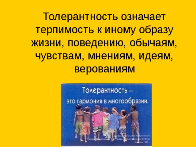 Толерантность означает терпимость к иному образу жизни, поведению, обычаям, чувствам, мнениям, идеям, верованиям    