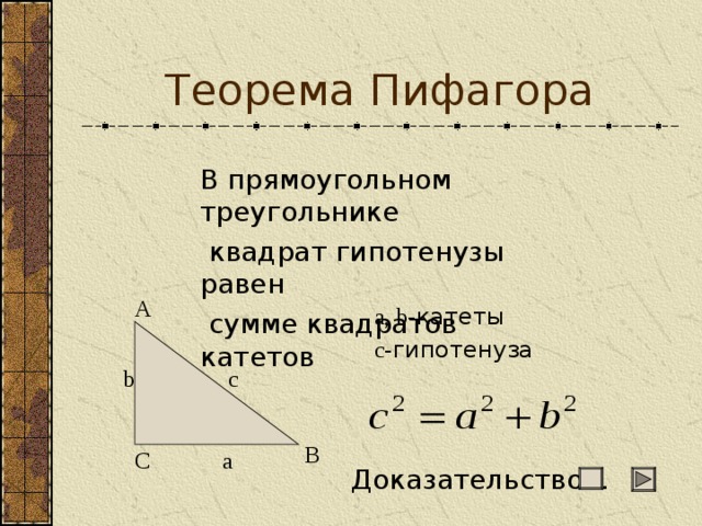Теорема Пифагора В прямоугольном треугольнике  квадрат гипотенузы равен  сумме квадратов катетов А a, b- катеты с- гипотенуза с b В С а Доказательство… 