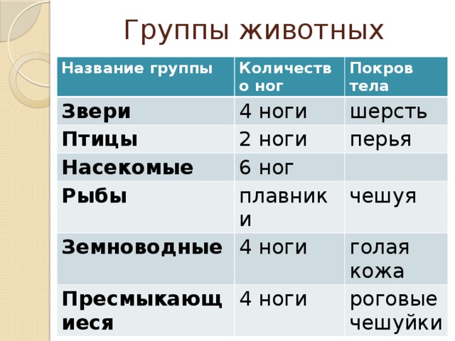 Какие бывают животные окружающий. Покров тела у насекомых 2 класс. Группы животных таблица. Насекомые количество ног и Покров тела. Покров тела насекомых 2 класс окружающий мир.