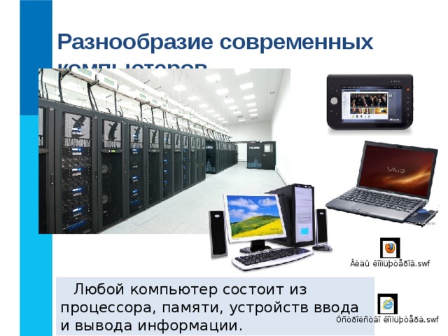 Разнообразие современных компьютеров Любой компьютер состоит из процессора, памяти, устройств ввода и вывода информации. 