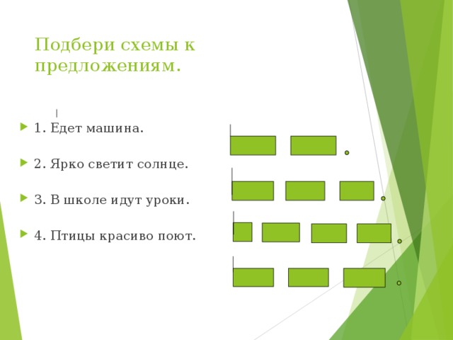 Подбери схемы к предложениям. 1. Едет машина. 2. Ярко светит солнце. 3. В школе идут уроки. 4. Птицы красиво поют. 