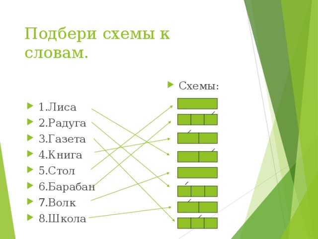 Подбери схемы к словам. Схемы:  1.Лиса 2.Радуга 3.Газета 4.Книга 5.Стол 6.Барабан 7.Волк 8.Школа 