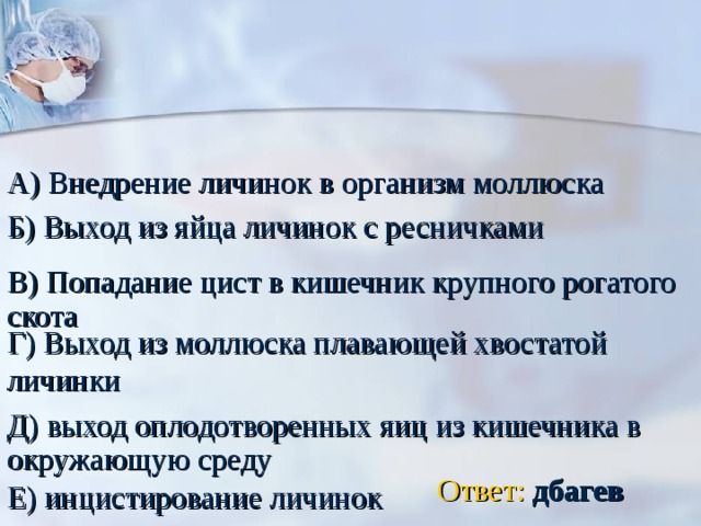 А) Внедрение личинок в организм моллюска Б) Выход из яйца личинок с ресничками В) Попадание цист в кишечник крупного рогатого скота Г) Выход из моллюска плавающей хвостатой личинки Д) выход оплодотворенных яиц из кишечника в окружающую среду Ответ:  дбагев Е) инцистирование личинок 