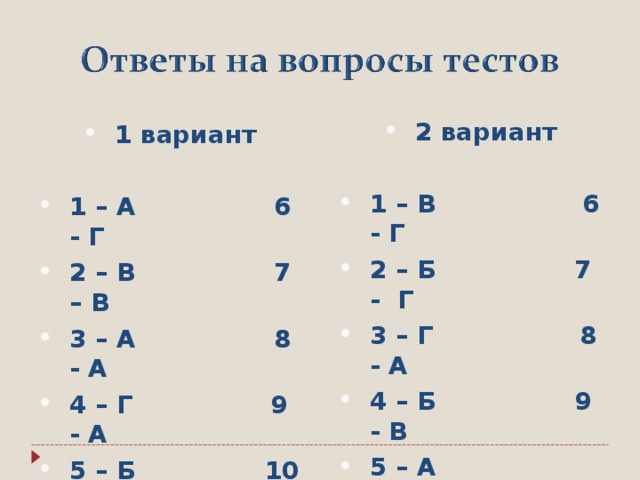 2 вариант  1 – В 6 - Г 2 – Б 7 - Г 3 – Г 8 - А 4 – Б 9 - В 5 – А 10 - В 1 вариант 1 – А 6 - Г 2 – В 7 – В 3 – А 8 - А 4 – Г 9 - А 5 – Б 10 - Б  