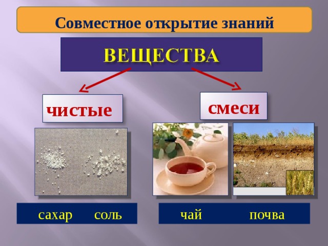Совместное открытие знаний смеси чистые  сахар соль  чай почва 