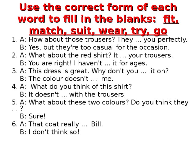 Suit match разница. Match Suit Fit разница. Match Suit Fit упражнения. Разница глаголов Fit Match Suit. Match Suit Fit go with упражнения.
