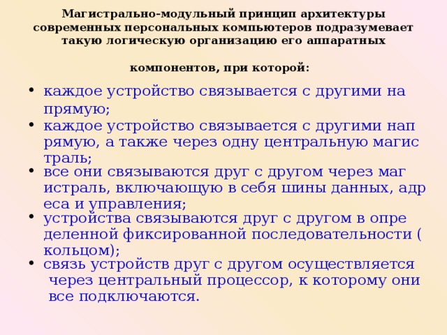 Архитектура современного персонального компьютера подразумевает. Магистрально модульный принцип архитектуры ПК подразумевает. Магистрально модульный прнципиархитектуры современных персональных. Магистрально-модульный принцип архитектуры современных. Логическая организация аппаратных компонентов.