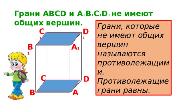 Грани АВСD и А 1 В 1 С 1 D 1 не имеют общих вершин. Грани, которые не имеют общих вершин называются противолежащими. Противолежащие грани равны. С 1 D 1 А 1 В 1 С D А В 