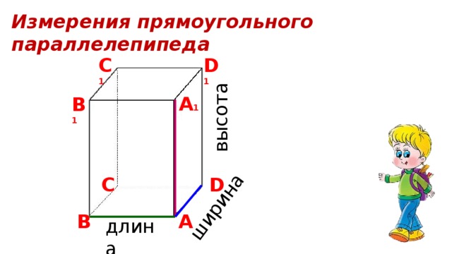 ширина высота Измерения прямоугольного параллелепипеда С 1 D 1 А 1 В 1 D С А В длина 