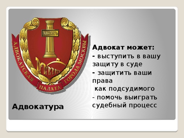 Адвокат может: - выступить в вашу защиту в суде - защитить ваши права как подсудимого - помочь выиграть судебный процесс  Адвокатура