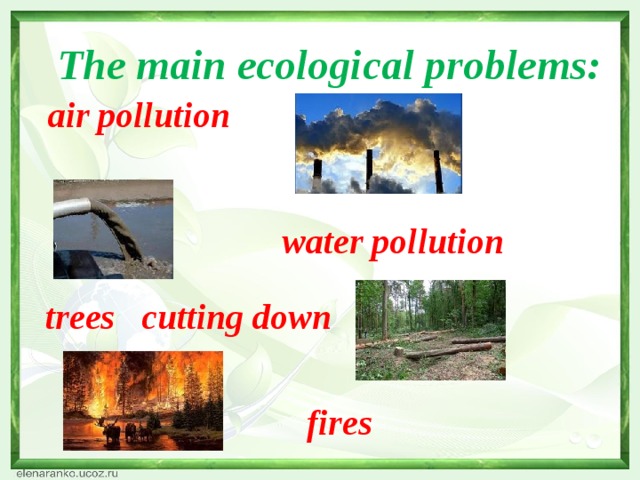 The main ecological problems: air pollution water pollution trees cutting down fires