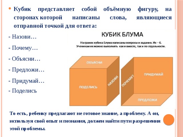 Кубик представляет собой объёмную фигуру, на сторонах которой написаны слова, являющиеся отправной точкой для ответа: - Назови… - Почему… - Объясни… - Предложи… - Придумай… - Поделись То есть, ребенку предлагают не готовое знание, а проблему. А он, используя свой опыт и познания, должен найти пути разрешения этой проблемы. 