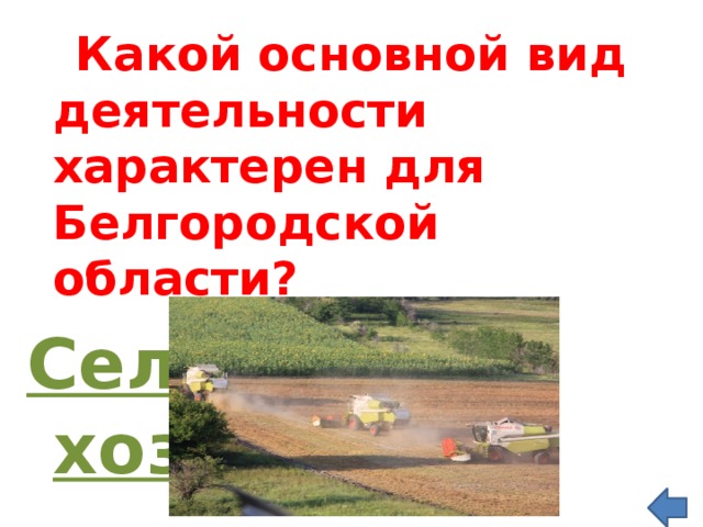 Какой основной вид деятельности характерен для Белгородской области? Сельское хозяйство  
