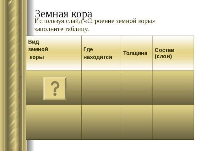 Земная кора Используя слайд «Строение земной коры» заполните таблицу. Вид земной  коры  Где находится Толщина Состав (слои) 