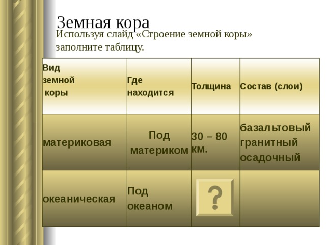 Земная кора Используя слайд «Строение земной коры» заполните таблицу. Вид земной  коры  Где находится материковая Под материком Толщина океаническая Состав (слои) 30 – 80 км. Под океаном базальтовый гранитный осадочный 