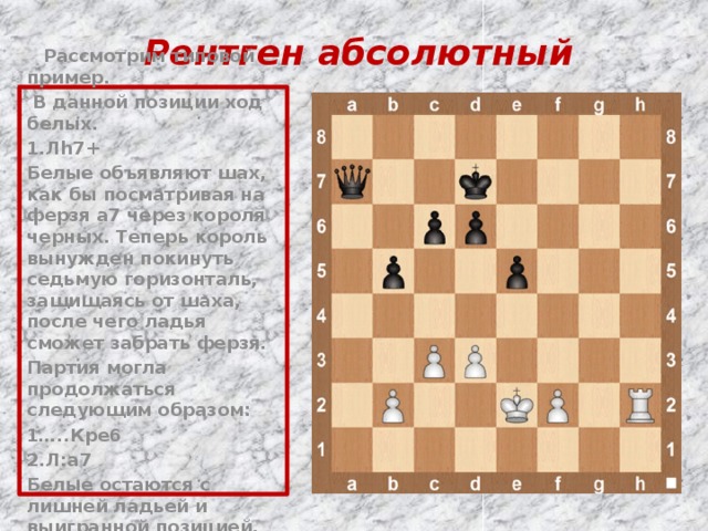 Рентген абсолютный  Рассмотрим типовой пример.  В данной позиции ход белых. 1.Лh7+ Белые объявляют шах, как бы посматривая на ферзя а7 через короля черных. Теперь король вынужден покинуть седьмую горизонталь, защищаясь от шаха, после чего ладья сможет забрать ферзя. Партия могла продолжаться следующим образом: 1…..Кре6 2.Л:a7 Белые остаются с лишней ладьей и выигранной позицией. 
