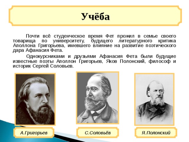 Учёба  Почти всё студенческое время Фет прожил в семье своего товарища по университету, будущего литературного критика Аполлона Григорьева, имевшего влияние на развитие поэтического дара Афанасия Фета.  Однокурсниками и друзьями Афанасия Фета были будущие известные поэты Аполлон Григорьев, Яков Полонский, философ и историк Сергей Соловьев. А.Григорьев Я.Полонский С.Соловьёв 