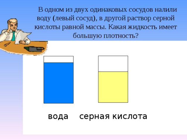  В одном из двух одинаковых сосудов налили воду (левый сосуд), в другой раствор серной кислоты равной массы. Какая жидкость имеет большую плотность? серная кислота вода 