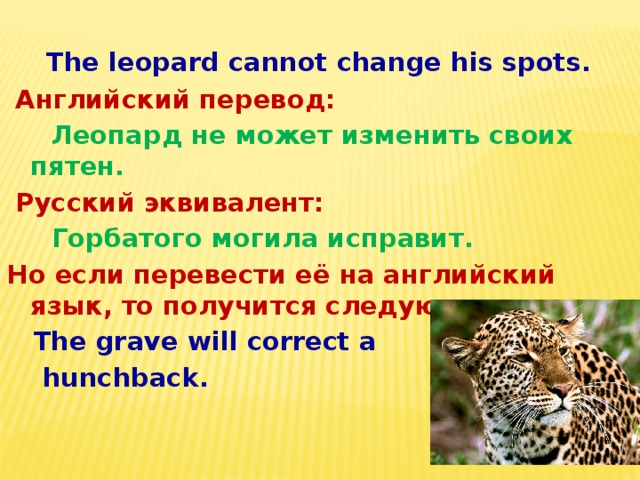   The leopard cannot change his spots.  Английский перевод:  Леопард не может изменить своих пятен.  Русский эквивалент:  Горбатого могила исправит. Но если перевести её на английский язык, то получится следующее  The grave will correct a  hunchback.  