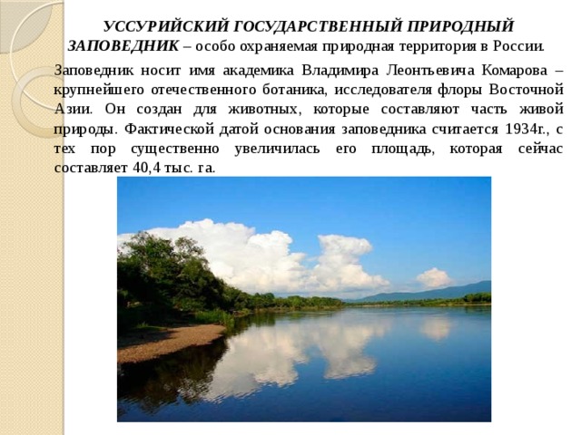  УССУРИЙСКИЙ ГОСУДАРСТВЕННЫЙ ПРИРОДНЫЙ ЗАПОВЕДНИК – особо охраняемая природная территория в России.  Заповедник носит имя академика Владимира Леонтьевича Комарова – крупнейшего отечественного ботаника, исследователя флоры Восточной Азии. Он создан для животных, которые составляют часть живой природы. Фактической датой основания заповедника считается 1934г., с тех пор существенно увеличилась его площадь, которая сейчас составляет 40,4 тыс. га. 