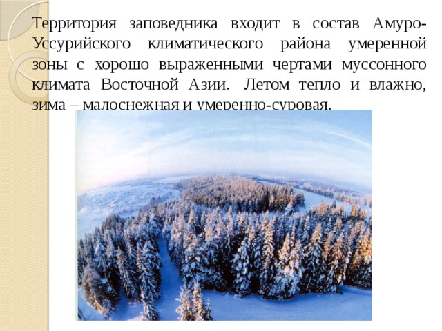  Территория заповедника входит в состав Амуро-Уссурийского климатического района умеренной зоны с хорошо выраженными чертами муссонного климата Восточной Азии.  Летом тепло и влажно, зима – малоснежная и умеренно-суровая. 
