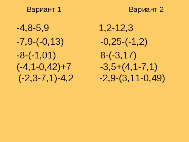 Вариант 1 Вариант 2  -4,8-5,9 1,2-12,3  -7,9-(-0,13) -0,25-(-1,2)  -8-(-1,01) 8-(-3,17)  (-4,1-0,42)+7 -3,5+(4,1-7,1) (-2,3-7,1)-4,2 -2,9-(3,11-0,49) 