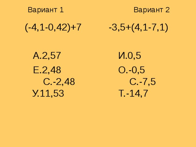 Вариант 1 Вариант 2 (-4,1-0,42)+7 -3,5+(4,1-7,1)  А.2,57 И.0,5  Е.2,48 О.-0,5 С.-2,48 С.-7,5 У.11,53 Т.-14,7 
