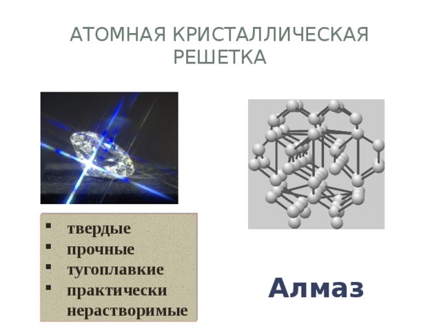 Атомная Кристаллическая решетка твердые прочные тугоплавкие практически нерастворимые Алмаз 