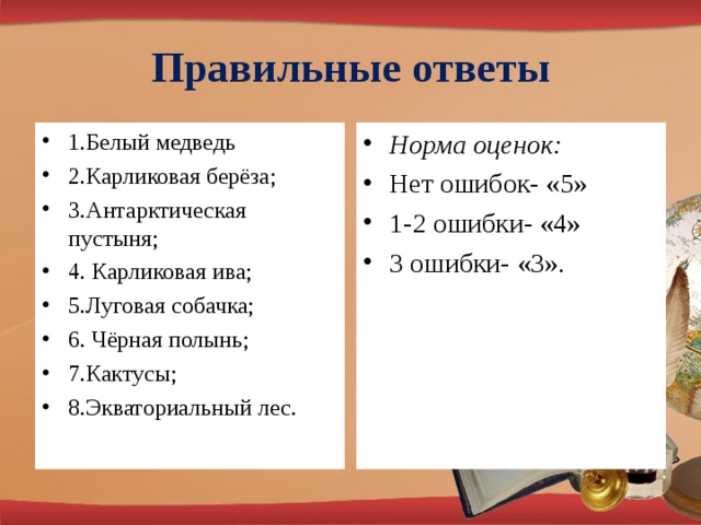 Правильные ответы 1.Белый медведь 2.Карликовая берёза; 3.Антарктическая пустыня; 4. Карликовая ива; 5.Луговая собачка; 6. Чёрная полынь; 7.Кактусы; 8.Экваториальный лес.  Норма оценок: Нет ошибок- «5» 1-2 ошибки- «4» 3 ошибки- «3». 