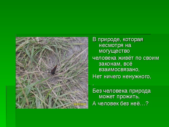 В природе, которая несмотря на могущество человека живёт по своим законам, всё взаимосвязано, Нет ничего ненужного, . Без человека природа может прожить, А человек без неё…? 