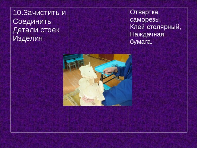 10.Зачистить и Соединить Детали стоек Изделия. Отвертка, саморезы, Клей столярный, Наждачная бумага. 