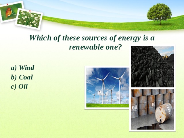 Which of these sources of energy is a renewable one?  a) Wind b) Coal c) Oil 