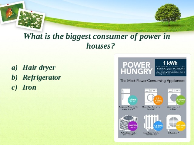 What is the biggest consumer of power in houses?  Hair dryer Refrigerator Iron  