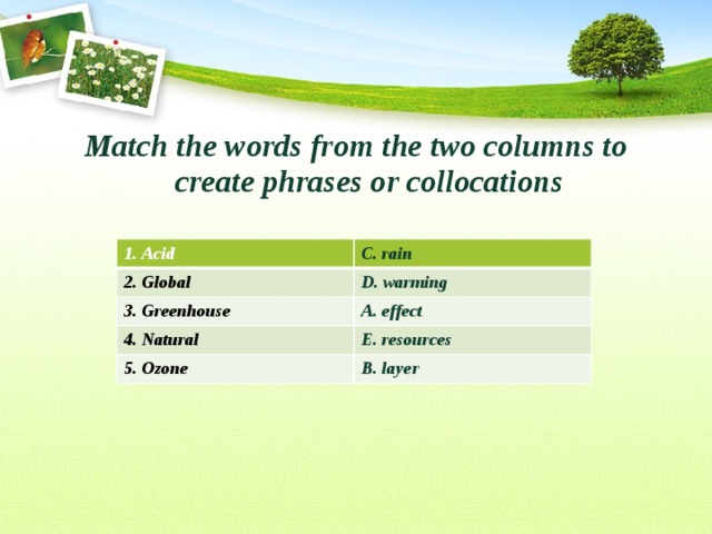 Match the words from the two columns to create phrases or collocations  1. Acid 2. Global C. rain 3. Greenhouse D. warming A. effect 4. Natural 5. Ozone E. resources B. layer 