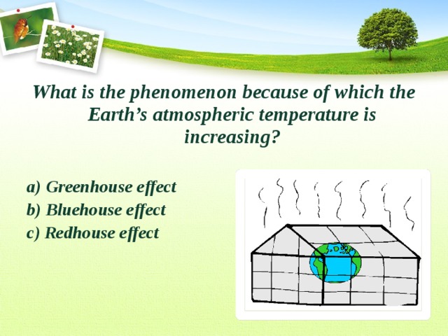 What is the phenomenon because of which the Earth’s atmospheric temperature is increasing?  a) Greenhouse effect b) Bluehouse effect c) Redhouse effect 