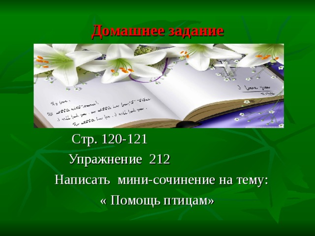 Домашнее задание  Стр. 120-121  Упражнение 212  Написать мини-сочинение на тему:  « Помощь птицам» 