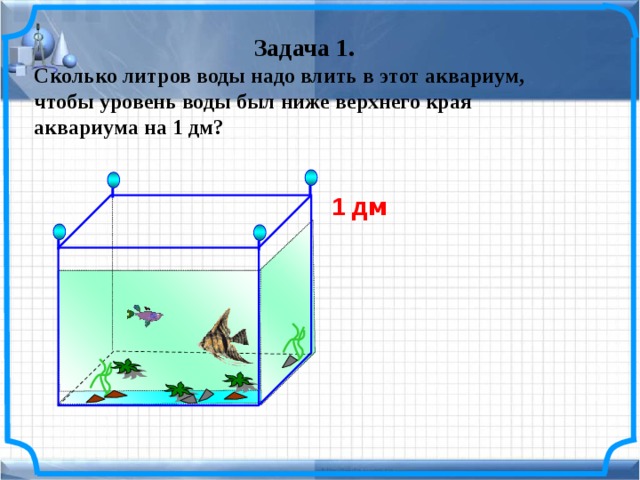  Задача 1. Сколько литров воды надо влить в этот аквариум, чтобы уровень воды был ниже верхнего края аквариума на 1 дм? 1 д м  № 804. Математика 5 класс. Н.Я.Виленкин.  